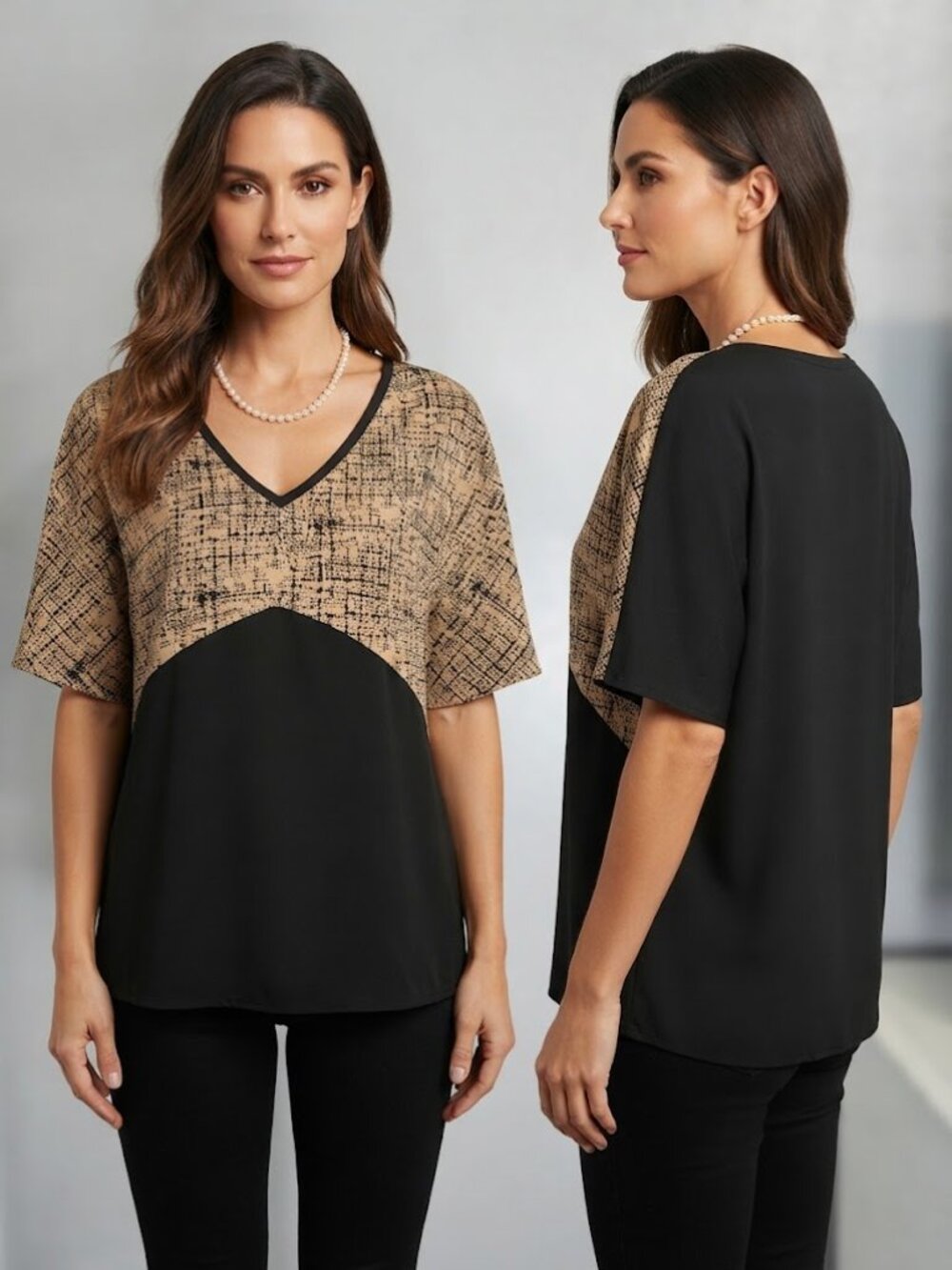 Women's Two-Tone V-Neck Blouse Black Beige Abstract Short Sleeve Top Medium NEW